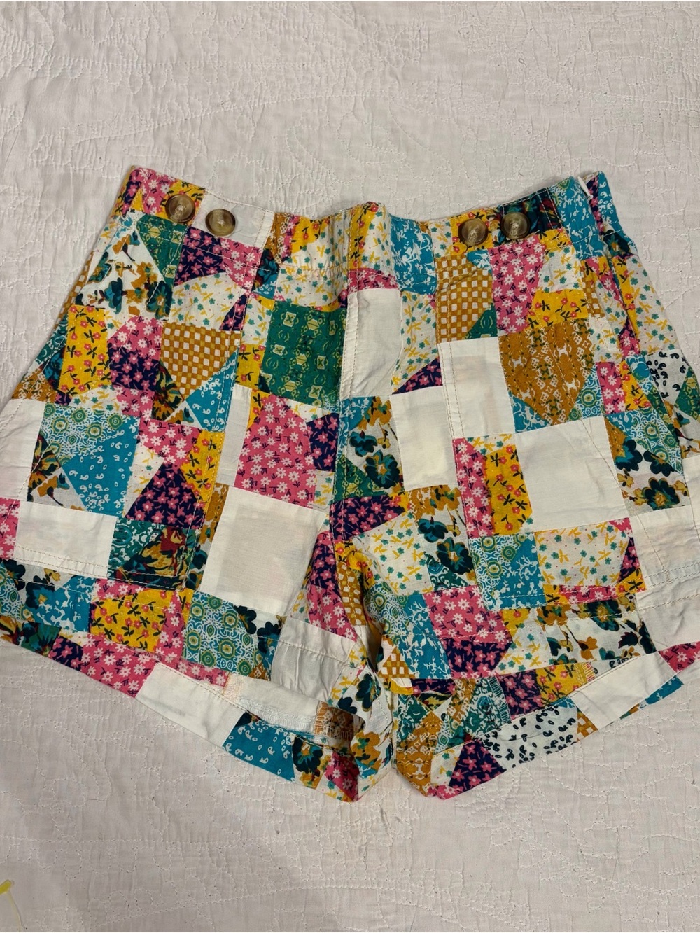 Pilcro Knit Patchwork Floral Shorts in Teal, Mustard & Pink - Picture 2 of 8
